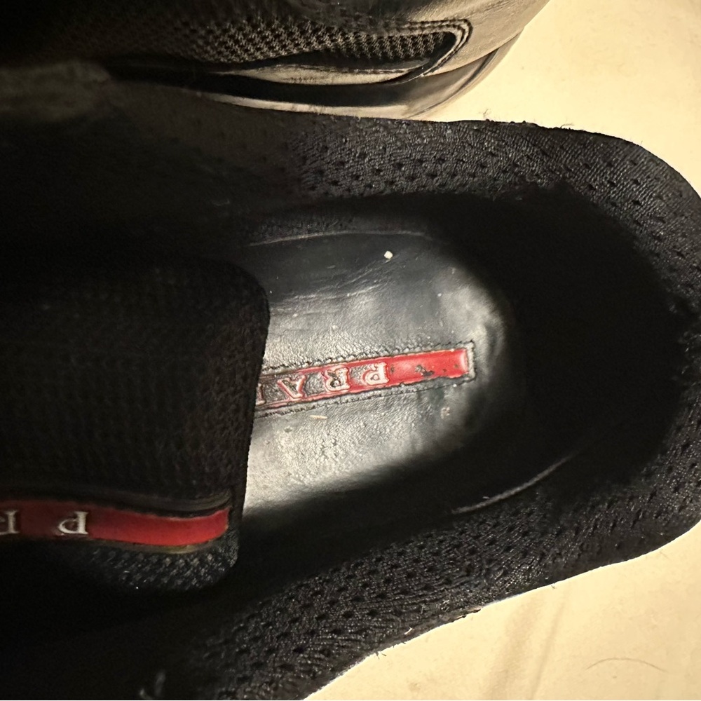 Prada America’s cup Men's Black Leather & Mesh Sneakers with Red Stripe - Picture 7 of 16